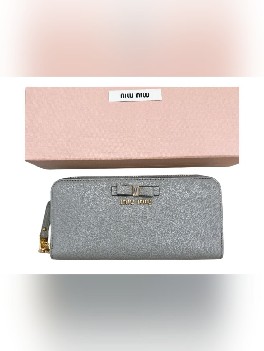Miu Miu Pebbled Blue/Gray Zip-Around Wallet with Bow and Gold Hardware